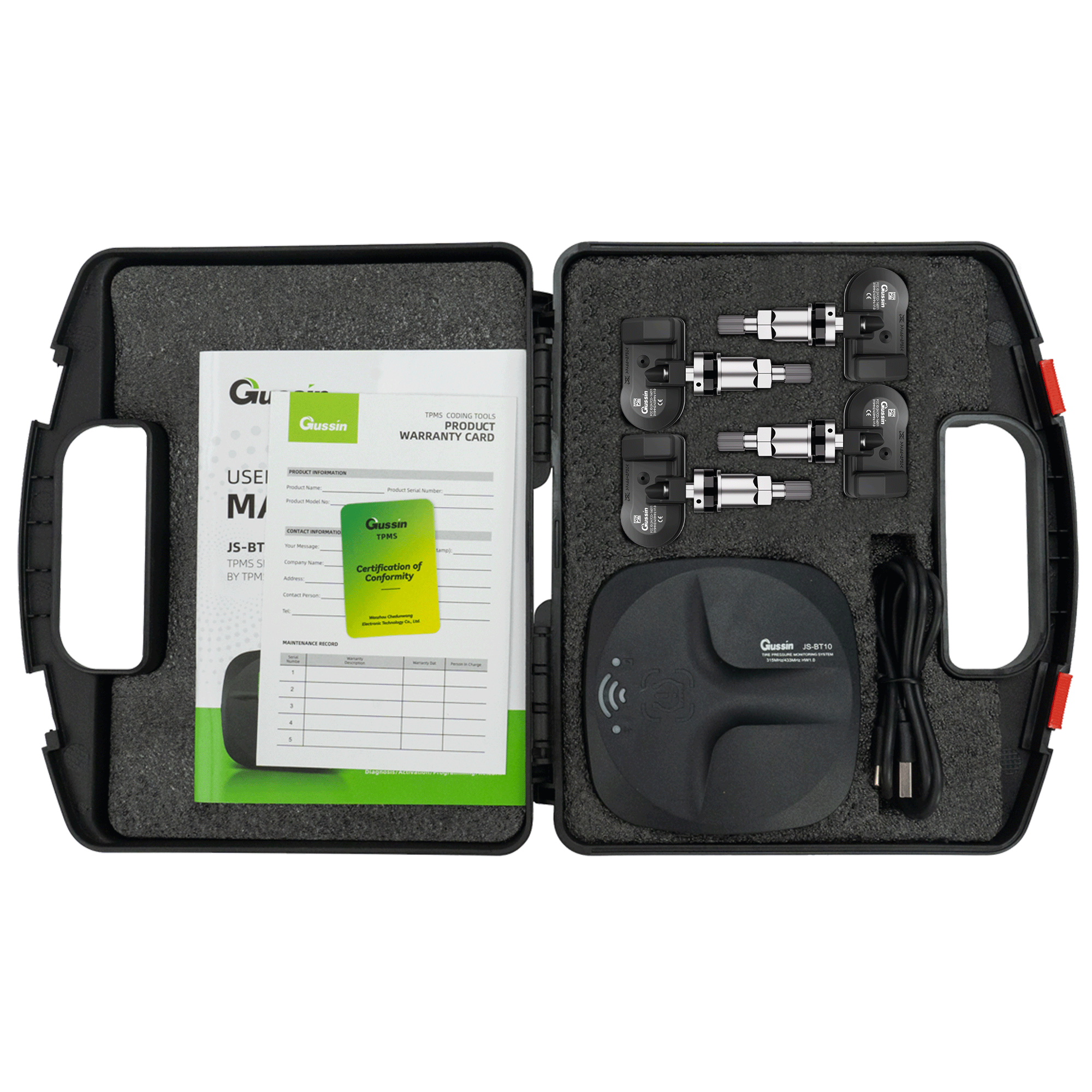 Gussin 16088A 4pcs 1 Trigger Programmable Digital TPMS Monitor Sensor Rubber Valve Mobile App System Phone 315/433MHz 5-Year Battery